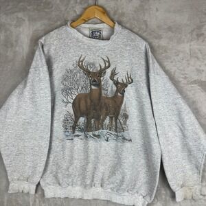 Vintage Outdoor Gear Deer Graphic Sweatshirt Mens XL Gray Made in USA Buck Snowy
